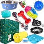 PeppyPawz 12 Pack Puppy Toys Starter Kit in Christmas Gift Box, Squeaky Ball, Chew Bone, Teething Ring, Rope, Food Water Bowl, Lick Mat, Blanket Towel, Bath Brush Small Dog Collar Leash Set Toothbrush