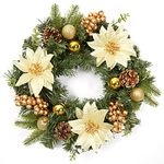 LinTimes 16 Inch Christmas Wreath for Front Door, 40cm Gold Artificial Wreaths with Xmas Baubles, Xmas Flowers, Berries and Pine Cones for Fireplace Wall Window Door Christmas Outside Decoration