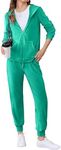 HOTOUCH 90's outfits for Women's Sweatsuit Set Velvet Velour Tracksuits Hoodie Pocket Jogging Suits,Lake Green L