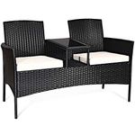 DORTALA Outdoor Patio Loveseat, Wicker Conversation Set with Cushions and Built-in Coffee Table, 2 Person Rattan Seating for Garden Lawn Backyard, Black+White