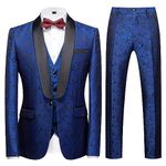 KUDORO Mens Suits Slim Fit 3 Piece Tuxedo Suit Set for Prom Wedding Party Paisley Jacket Vest Pants Homecoming Outfit, Blue, Large