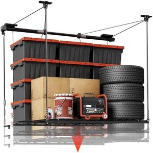 FLEXIMOUNTS Overhead Garage Storage Rack Lift, 4x4 Ft Heavy-Duty Garage Ceiling Storage Racks, Adjustable Organization System With 71'' L Axle, 300lbs Load Capacity, Flat Black