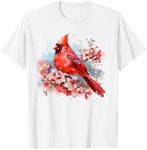 Watercolor Red Cardinal Floral Birdwatching Vintage Birding T-Shirt