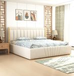 MODESTY WOODS Upholstered King Size Bed with Box Storage Solid Wood Fabric Bed Wooden Double Bed Cot Palang for Living Room Home Bedroom (White)