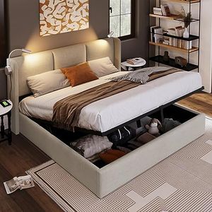 Sweiko Rembourré Cadre de Lit avec éclairage LED sommier et Rangement à Lattes,USB Chargement,140x200 Coffre de lit sommier à Lattes en Double Adulte Lit pour Adolescents,Linen (sans Matelas)