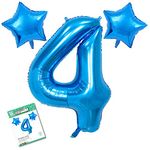 READYSETGO! 40 Inch Blue Number 4 Balloon Large Helium Balloon Birthday Party Decorations, Helium Foil Mylar Big Number Balloon Digital with Stars and Ribbons (Blue 4)