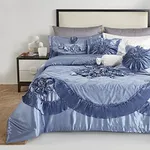 Tache Satin Silky Lustrous Floral Lace Ruffle Sweet Victorian Royal Glam Luxurious Down Alternative 6pc Blue Ruffle Comforter Set (Cal King, Blue)