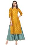 Janasya Indian Women's Mustard Foil Printed Poly Silk Ethnic Dress