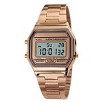 VIGOROSO Men Lady Vintage Retro Gold Stainless Steel Digital Casual Watch Alarm Stopwatch (Rose Gold)