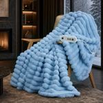 Cozy Bliss Heated Striped Faux Fur Blanket Electric Throw 84"x90", Fast Heating, 8 Heat Levels & 8 Timer Settings with Auto-Off, Overheat Protection ETL Certified, Machine Washable, Haze Blue
