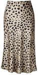 Soowalaoo Womens Leopard Print Skirt Midi Long Length Silk Satin High Waist Elastic Skirts, Leopard, Medium