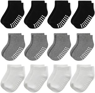 JAKIDAR 12-Pair Baby Socks Non-Slip Cotton Toddler Socks Ankle Socks for Baby, Black&Gray&Dark Gray 4-7T