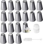 19 Pcs Russian Piping Tips Set, Grass Icing Nozzles, Cream Piping Nozzles, Stainless Steel Russian Icing Piping Nozzles Tips, Round Piping Nozzle with Coupler for Frosting Cookie Cake Cream Baking