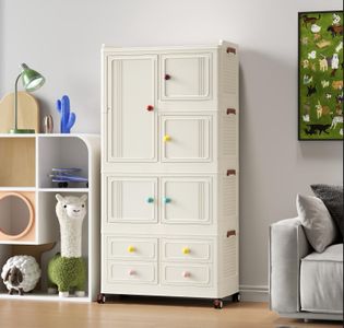 Roqao Stackable Storage Bins, Foldable Storage Box with Wheels, Magnetic Doors, White