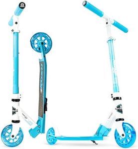 Rush 125 Kids Folding Kick Scooter – Light-Up 125mm Wheels, Adjustable Handlebar, Carbon Steel Frame – Ages 5+ – Madd Gear (White/Blue)