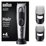 Braun Hair Clipper Series 7, Featuring Lifetime-Sharp Blades, 17 Length Settings, With 4 Styling Tools, 50-min runtime, Gifts for Men, HC7390, Silver