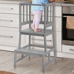 COSYLAND Kitchen Nursery Step Stool for Kids Toddlers Children,Standing Tower for Kitchen Counter, Mothers' Helper Kids Learning Stool,Made of Natural Solid Bamboo(Grey)