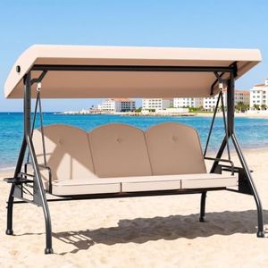 HUGCOZ Patio Swing with Adjustable Canopy 3-Seat Outdoor Porch Swing with Stand for Adults 2-in-1 Convertible Swing Bed Chair with Cushions & Cup Holder for Garden Yard Balcony Deck