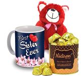 Midiron Rakhi Gift for Sister | Rakhi Return Gift for Sister | Rakhshabandan Gift | Unique Gift for Birthday, Anniversary, Rakhi |Chocolate Gift for Sister, Chocolates, Coffee Mug & Red Teddy