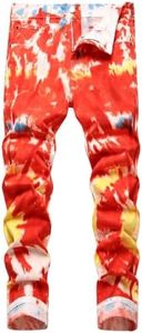 Classlong Men's Casual Printed Slim Fit Jeans Skinny Denim Pants (Red,34)