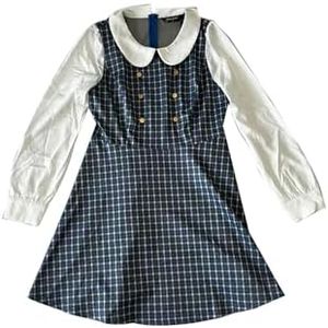 Allegra K Women's Peter Pan Collar Contrast Color Button Decor Fit and Flare Plaid Dress Blue Medium