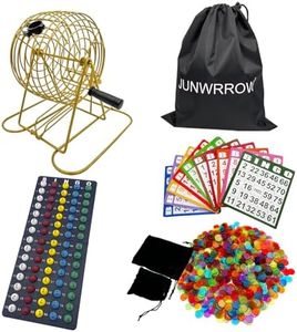 JUNWRROW Deluxe Bingo Game Set with Storage Bag- Includes 6-Inch Antique Gold Rotary Cage,75 Calling Balls,100 Mixed Cards,1000 Colorful Chips, Master Board&Carry Bag for Family Party,Large Groups