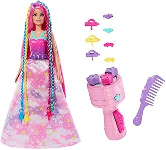 Barbie Coffret Royal Tresses Magiques avec Poupée Mannequin Inclue, Appareil à Tresses, Extensions De Cheveux Arc-en-Ciel Et Accessoires Inclus, Jouet pour Enfant de 3 Ans et Plus, HNJ06