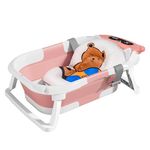 Collapsible Baby Bathtub for 0-24 Months, Anti-Slip Infant Bathtub with Real-time Temp Monitor & Soft Bath Cushion Support, Portable Travel Folding Bathtubs for Newborn Toddler Infant (Pink)