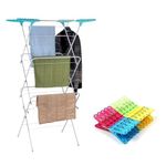 IFJA 3 Tier Foldable Clothes Airer | Garments Dryer Laundry Compact Rack Hanging Bars | Indoor Outdoor Blue Alloy Steel Lightweight Rail | Corner Spaces for Hangers Plastic Foot Covering (14M & Blue)