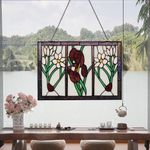 bwkoiujes Handmade Stained Glass Window Hanging Tiffany Style Red White Flower Suncatcher Wall Decor Art Panel Rectangle 16" W 11" H Include 20" Chain and Hook Perfect Christma Housewarming Gift