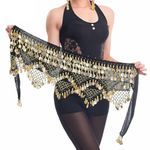 Baisdan Women's Sweet Belly Dance Hip Scarf, Belly Dance Skirt Wrap Gold Coins Belly Dance Costume Black