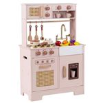 COSTWAY Kids Play Kitchen, Wooden Pretend Toy Kitchen with Realistic Lights & Sounds, Stoves, Sink, Faucet, Oven, Ice Machine, Microwave, Coffee Maker, Children Chef Role Playset for 3+ (Pink)