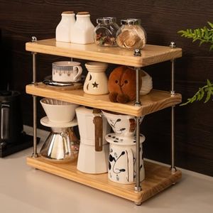 CheerNest Ultra-Thick 24mm Solid Wood Coffee Station Organizer&Spice Rack for Kitchen Countertop, Corner Industrial 3-Tier Adjustable Shelf with 10mm 304 Thread Rods for Heavy Espresso Gear, Natural