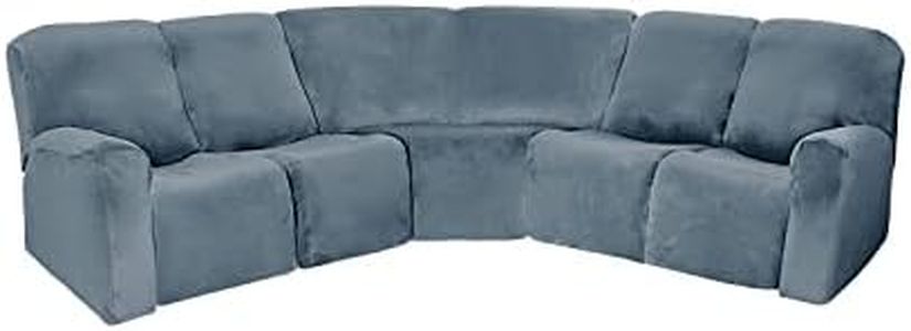 MIFXIN 5 Seat Recliner Sofa Covers 7 Piece Velvet Stretch Soft 5-Seat Corner Reclining Sofa L-Shaped Sectional Couch Slipcovers Furniture Protector (Grey Blue)