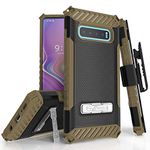 Beyond Cell Trishield Series Compatible with S10+ Case/Military Grade Rugged Cover + [Metal Kickstand]+[Belt Clip Holster] Compatible with Samsung Galaxy S10 Plus (2019)- Brown