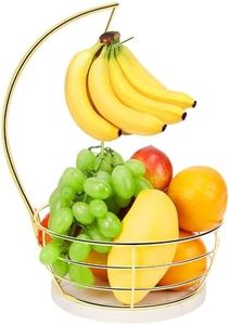 Livabber Countertop Fruit Basket Bowl with Banana Hanger, Modern Standing Fruit Vegetable Bowl Storage, with Banana Tree Holder for Kitchen Dinning Table (Round Marble, Gold)