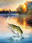 5D Fishing Diamond Painting Kits For Adults Full Drill DIY Cross Stitch Fisherman Fishing On The Lake Diamond Art Painting Kits 12X16Inch