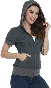 MISS MOLY Women's Short Sleeve Hoodie Full Zip Up Cotton Slim Fit Sweatshirt Kanga Pocket Gray XS