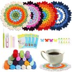 PATPAT 4Pcs Floral Crochet Coaster Kit - Diy Crochet Starter Set For Beginners With Ergonomic Hooks, Vibrant Yarns, Needle & Step Guide - Decorative Tea Coasters (Random Colors, Multicolor)