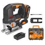 WORX Nitro 18V(20V Max) Cordless Brushless Jigsaw WX542 Jig Saw, 3500spm, Maximum in Wood 120mm/steel 10mm, 26 mm Stroke Length, 45 °Bevel Capacity, PowerShare, 1 * 2.5Ah Battery & 1 * 2A Charger