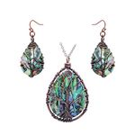 Tree of Life Hand Wrapped Sea Abalone Shell Earrings/Pendant Necklace Jewelry Set for Women, Copper Wire Bronze Tone