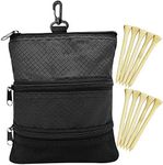Golf Pouch for Valuables Zipper Multi Bag Pocket Clip with 10 Pcs Wooden Golf Tees Durable Nylon Accessory Tee Balls Holder with Hook for Men Women Kids Golfer (Black)