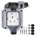 Weatherproof Outdoor Sockets, Double Waterproof Switched Power Socket IP66, Wall Electrical Outlets with Cover, 13A 2 Gang Plug Sockets, for Garden & External Electrical Outlet, Grey (Single-UK)