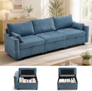 VBONDA 110" Modular Sectional Couch with Storage Seat,3 Seater Deep Seat Sofa with USB Charging Port and Cupholder for Living Room,Blue