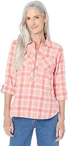 Tommy Hilfiger Women's Long Sleeve Half Zip Roll Tab Popover Shirt, Coral Multi, Medium