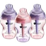 Tommee Tippee Advanced Anti-Colic Baby Bottle, 260ml, Slow-Flow Breast-Like Teat for a Natural Latch, Triple-Vented Anti-Colic Wand, Pack of 3, Purple/Pink