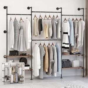 DABILONGC Industrial Pipe Clothes Rack,Wall Mounted Closet Wardrobe Rack, Corner L Shaped Walk-in Closet System, 2 Installation Methods , Black