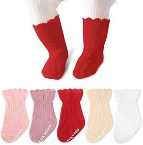 CozyWay Baby Socks with Grips Newborn Infants Toddlers Girls 5 Pack Tube Ruffled Uniform Short Socks