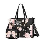 MOSISO Laptop Tote Bag Compatible with MacBook, 17-17.3 inch Notebook and Chromebook, Peony PU Leather Travel Work Briefcase with Detachable Bowknot & Small Purse, Black