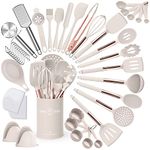 Umite Chef Silicone Kitchen Cooking Utensil Set, 43 pcs Spatula Utensils Set with Rose Gold Stainless Steel Handle, Non-stick Heat Resistant - Best Cookware Set-(Khaki)